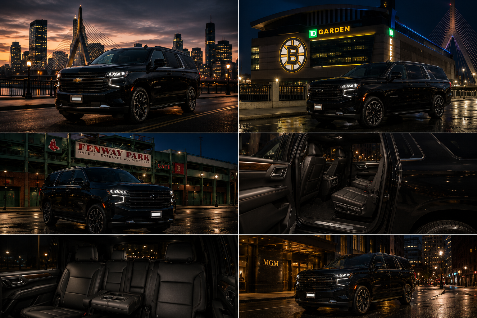 Black Chevrolet Suburban photographed at iconic Boston locations — Zakim Bridge, TD Garden, Fenway Park — and luxury leather interior with complimentary bottled water